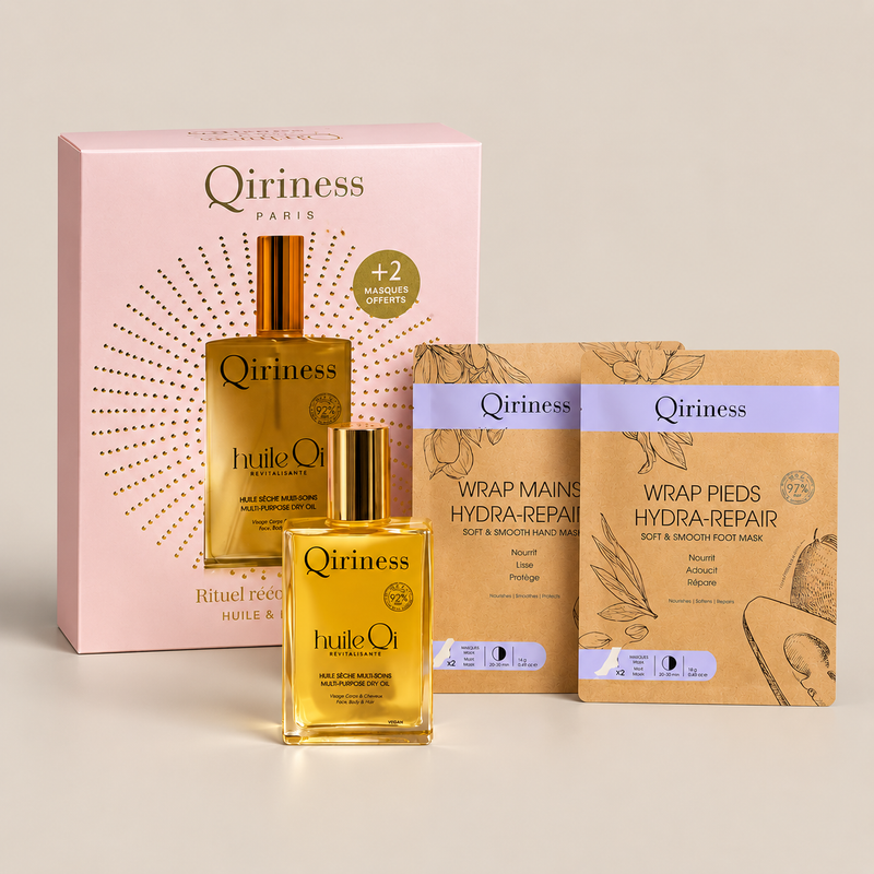 Coffret Corps Rituel Qi (Huile Qi, Wrap Pieds & Wrap Mains)